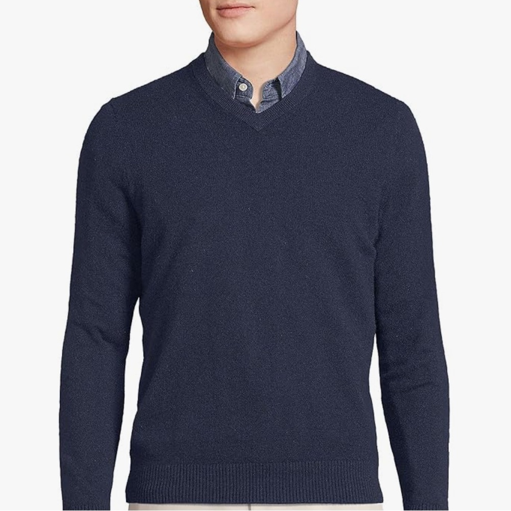 Lands' End Men's Navy 100% 2 ply Cashmere Pullover vneck